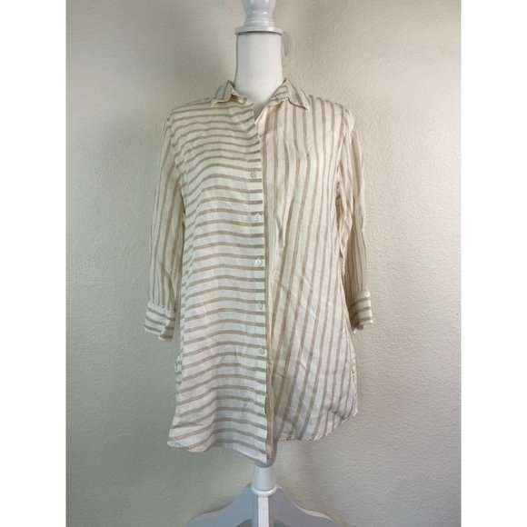 Chico’s women's 0 small 4-6 cream tan striped linen 3/4 sleeve button down tunic - Picture 1 of 7